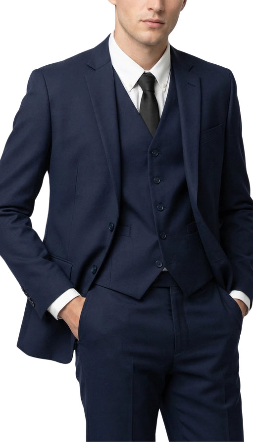 Navy 3 Pc Slim Fit 2 Button Notch Lapel Suit